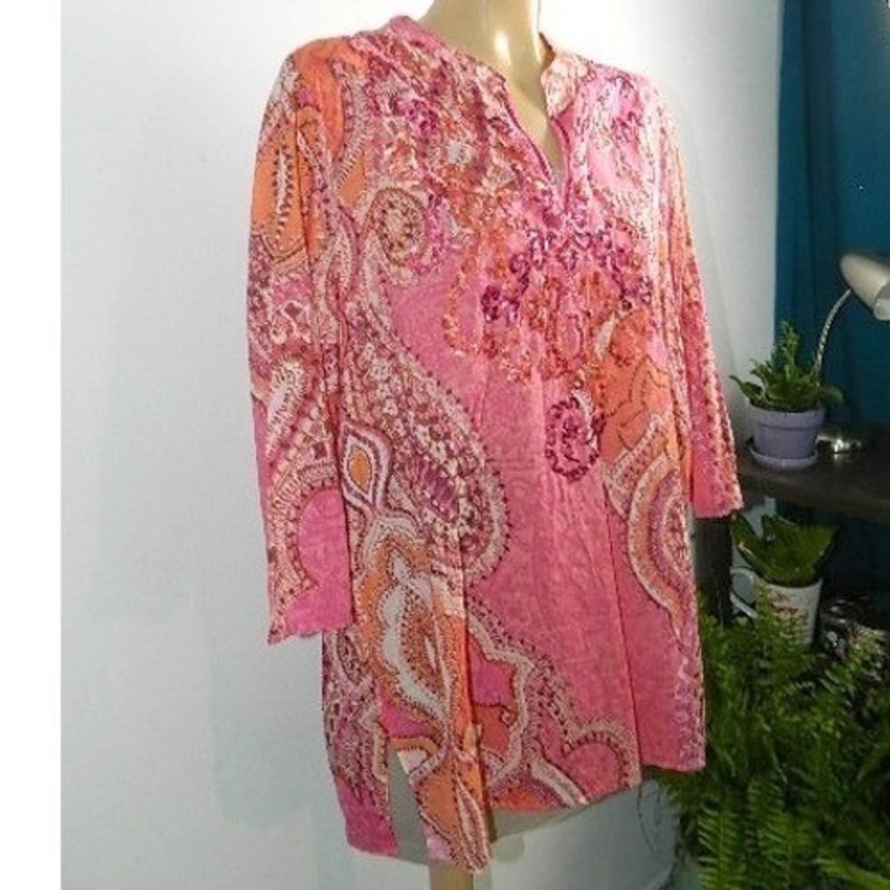Chico's Paisley Sequin Tunic Top Womens 3 Pink Orange Cotton 3/4 Sleeve Boho